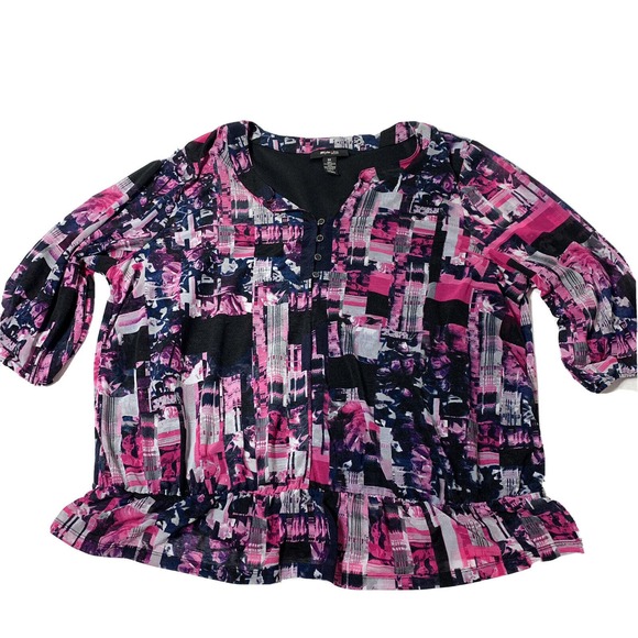 Womens Plus Size 3X Style & Co Pink‎ / Black Ruffle Accent Lined Blouse Top - Picture 1 of 12